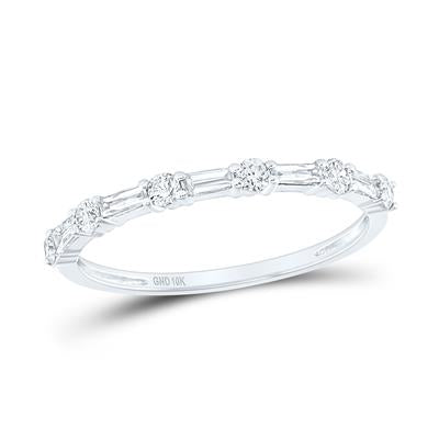 10K Gold Round Baguette Diamond Stackable Band Ring 3/8 Cttw White