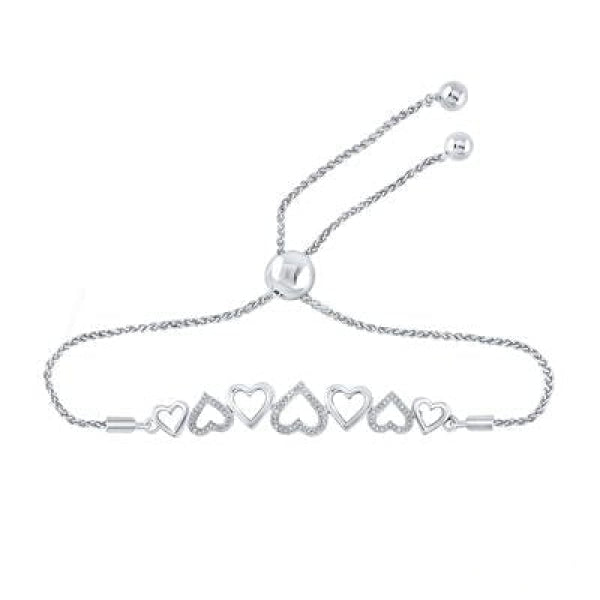 Sterling Silver Round Diamond Heart Bolo Bracelet 1/10 Cttw