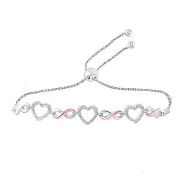 Sterling Silver Round Diamond Heart Bolo Bracelet 1/6 Cttw