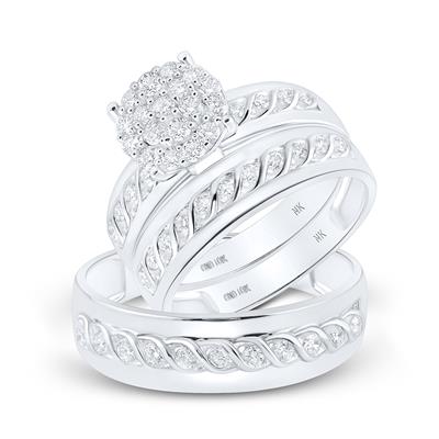 10K Gold Round Diamond Cluster Matching Wedding Ring Set 3/4 Cttw