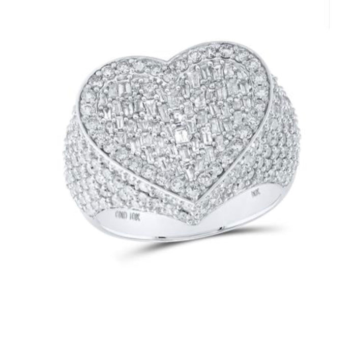 Heart-shaped silver ring with embedded diamonds on a white background