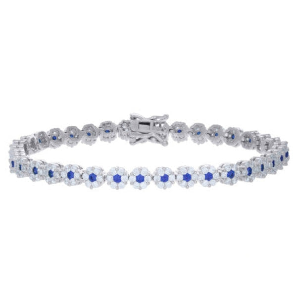 Sterling Silver Blue & White Cz Flower Link Bracelet 7
