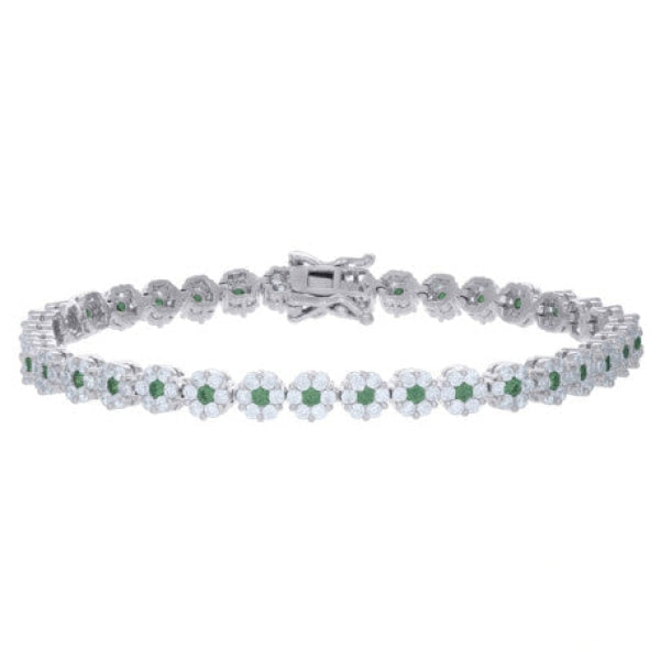 Sterling Silver Green & White Cz Flower Link Bracelet 7