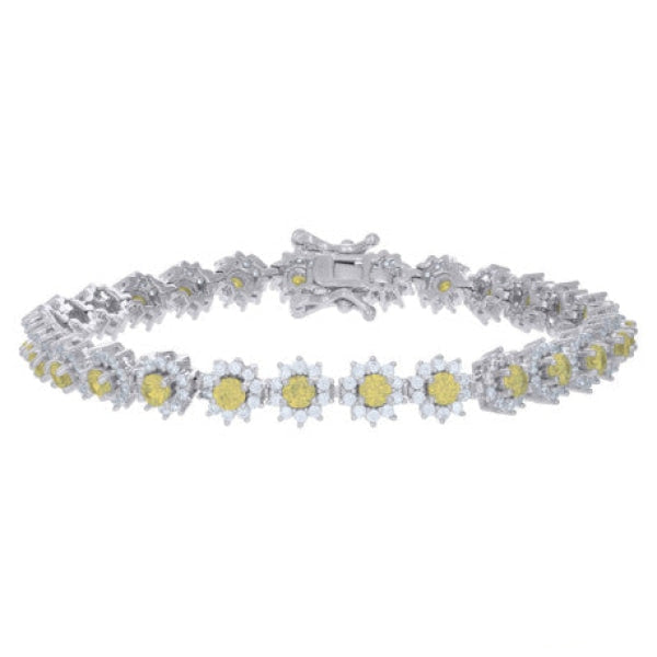 Sterling Silver Yellow & White Cz Flower Link Bracelet 7